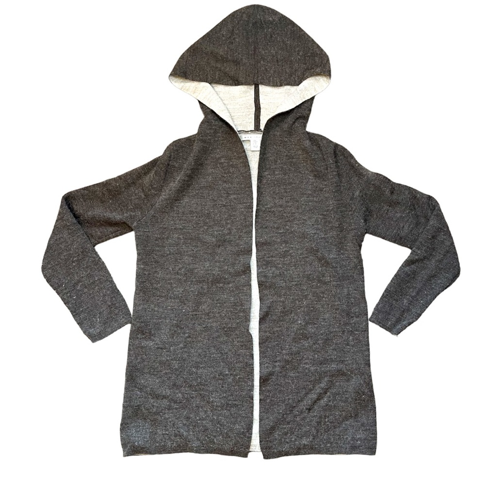Max Studio Merino Wool Cardigan Hooded Sweater Brown Medium Neutral Wool Blend